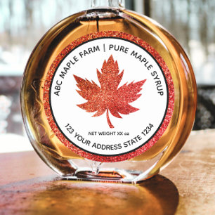 Red Glitter Maple Leaf Maple Syrup Label