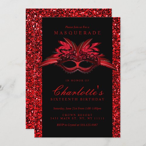 Red Glitter Masquerade Party Invitations