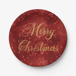 Red glitter merry christmas paper plates