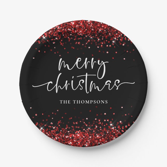 Red Glitter Merry Christmas Party Black Paper Plates (Front)