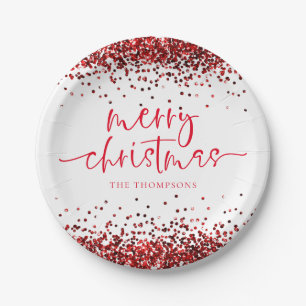 Red Glitter Merry Christmas Party White Paper Plates