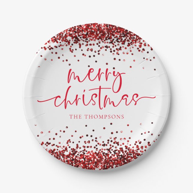 Red Glitter Merry Christmas Party White Paper Plates (Front)