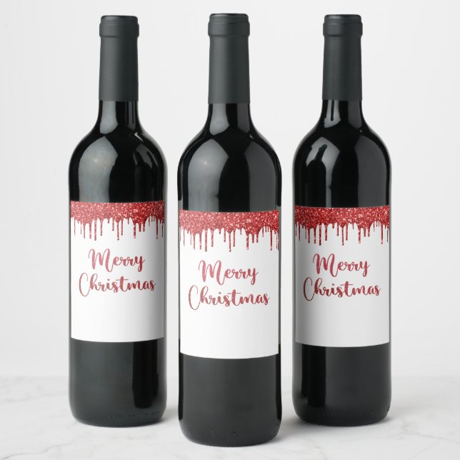 Red glitter merry christmas  wine label (Bottles)