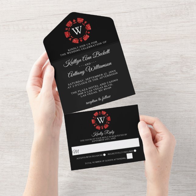 Red Glitter Monogram Poker Chip Casino Wedding All In One Invitation (Tearaway)