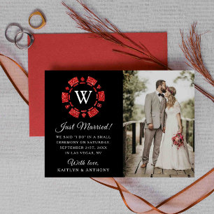 Red Glitter Monogram Poker Chip Casino Wedding Announcement