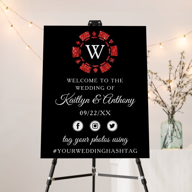 Red Glitter Monogram Poker Chip Casino Wedding Foam Board (In Situ (Stand))