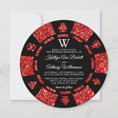 Red Glitter Monogram Poker Chip Casino Wedding Invitation