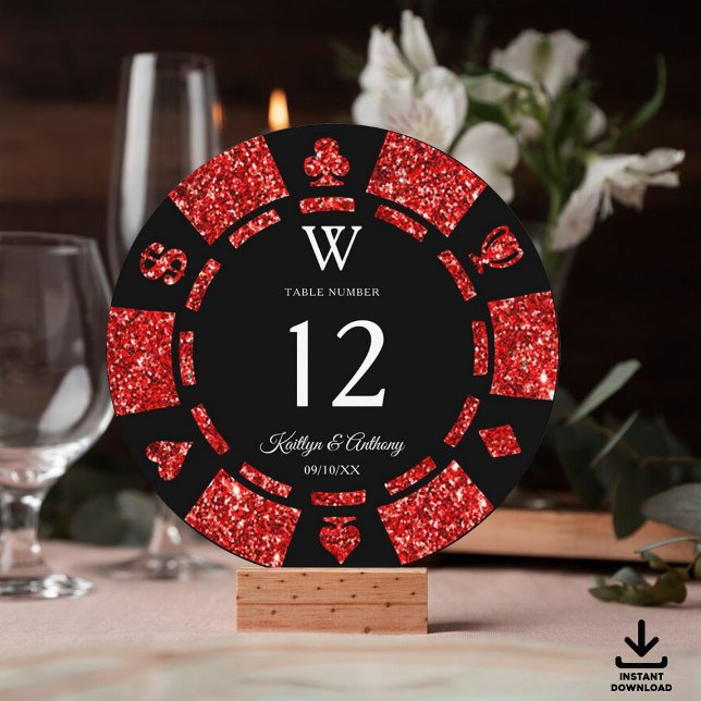 Red Glitter Monogram Poker Chip Casino Wedding Invitation (Creator Uploaded)