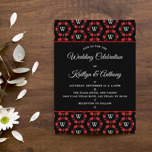 Red Glitter Monogram Poker Chip Casino Wedding Invitation