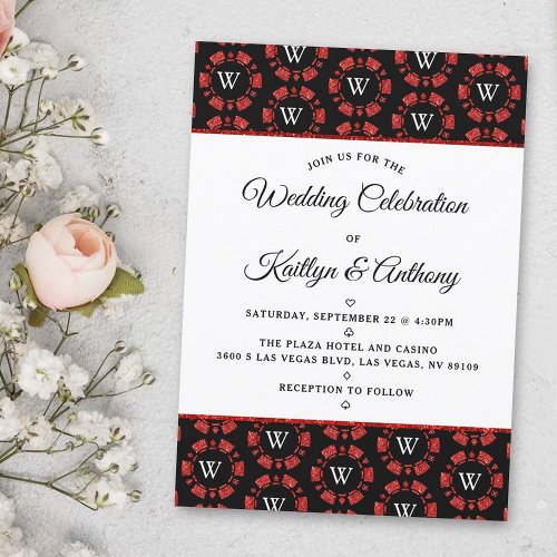 Red Glitter Monogram Poker Chip Casino Wedding Invitation