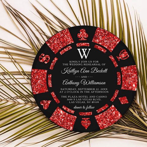 Red Glitter Monogram Poker Chip Casino Wedding Invitation