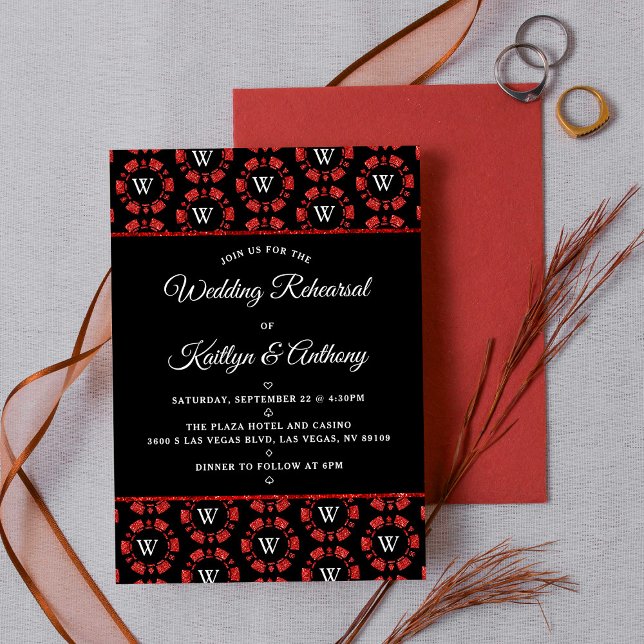 Red Glitter Monogram Poker Chip Casino Wedding Invitation (Creator Uploaded)