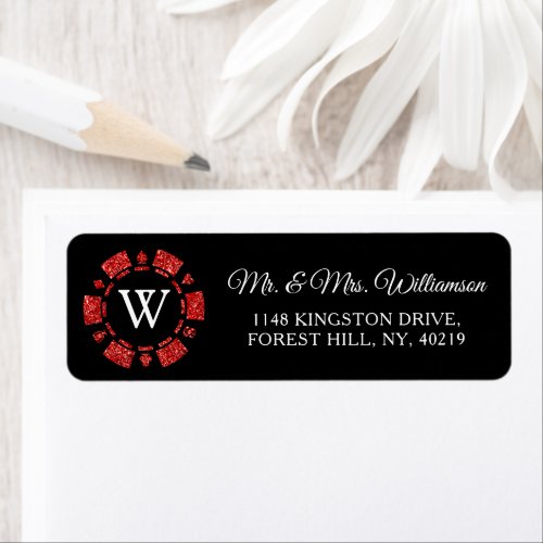 Red Glitter Monogram Poker Chip Casino Wedding Label