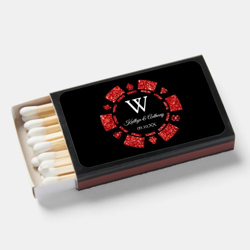 Red Glitter Monogram Poker Chip Casino Wedding Matchboxes