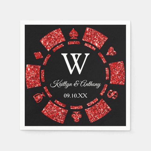 Red Glitter Monogram Poker Chip Casino Wedding Napkins