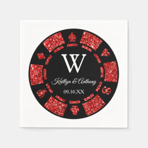 Red Glitter Monogram Poker Chip Casino Wedding Napkins