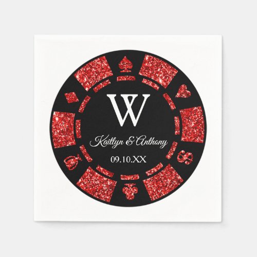 Red Glitter Monogram Poker Chip Casino Wedding Napkins