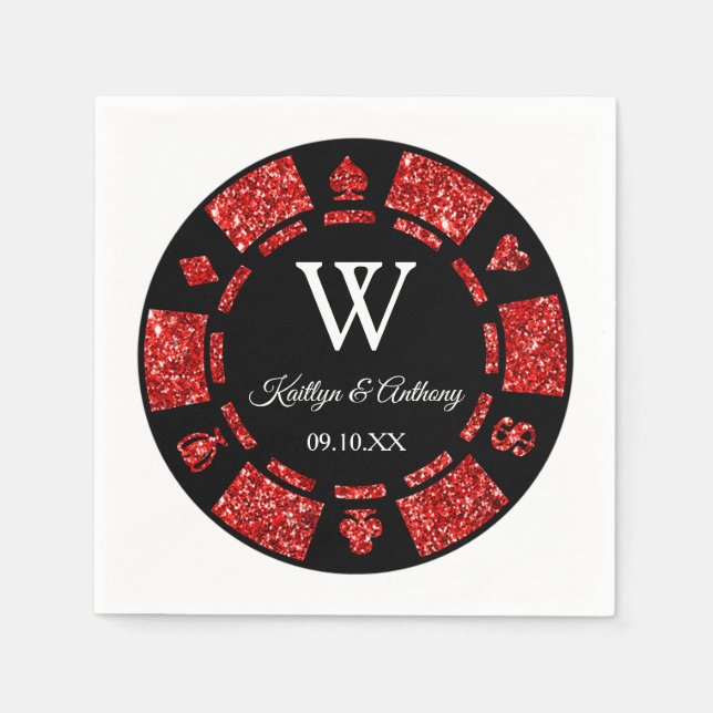 Red Glitter Monogram Poker Chip Casino Wedding Napkins (Front)