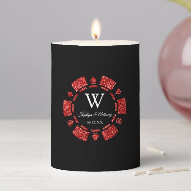Red Glitter Monogram Poker Chip Casino Wedding Pillar Candle (In Situ)