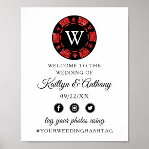 Red Glitter Monogram Poker Chip Casino Wedding Poster