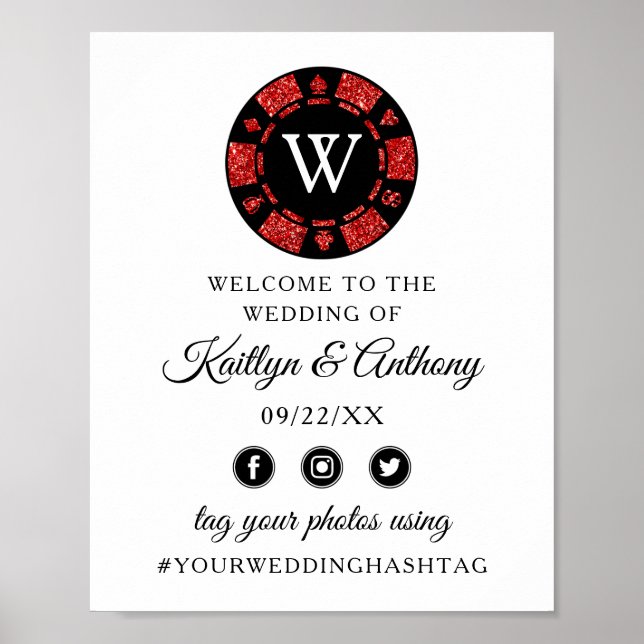 Red Glitter Monogram Poker Chip Casino Wedding Poster (Front)