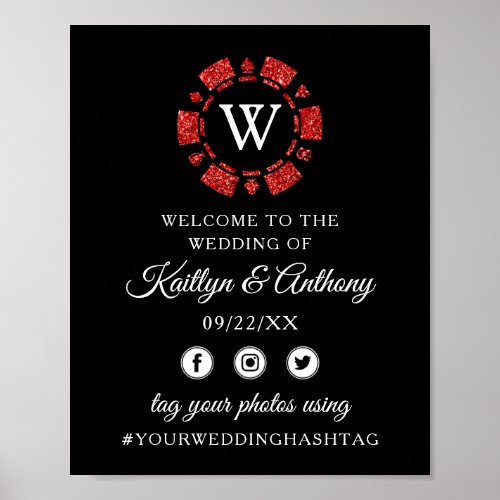 Red Glitter Monogram Poker Chip Casino Wedding Poster