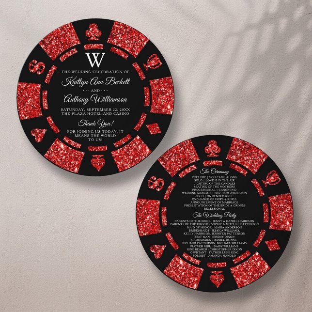 Red Glitter Monogram Poker Chip Casino Wedding Program (Creator Uploaded)