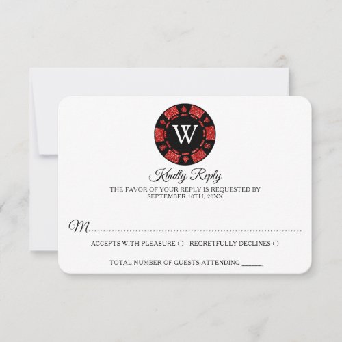 Red Glitter Monogram Poker Chip Casino Wedding RSVP Card