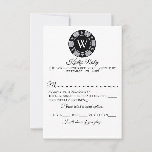 Red Glitter Monogram Poker Chip Casino Wedding RSVP Card