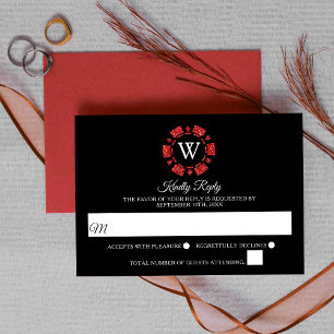 Red Glitter Monogram Poker Chip Casino Wedding RSVP Card