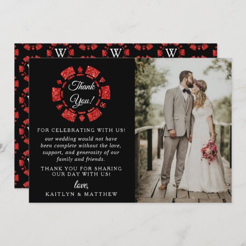 Red Glitter Monogram Poker Chip Casino Wedding Thank You Card