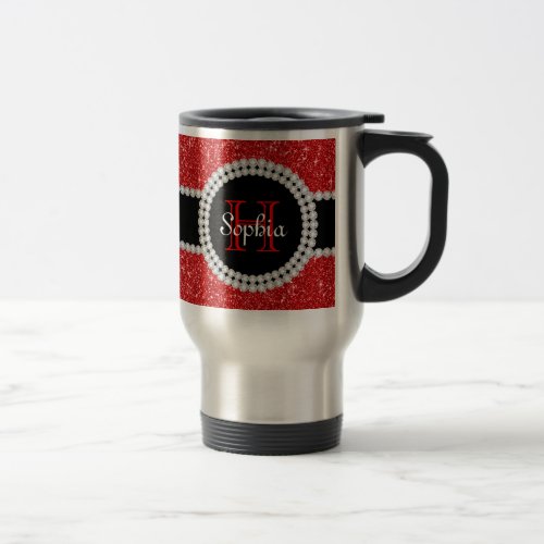 Red Glitter Monogrammed Travel Coffee Mug