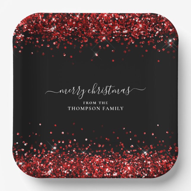 Red Glitter Name Merry Christmas Black Paper Plates (Front)