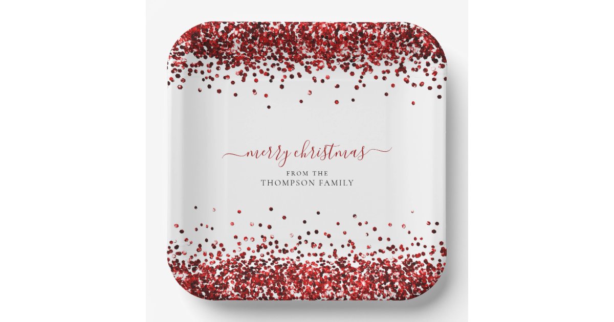Red Glitter Name Merry Christmas White Paper Plates Zazzle