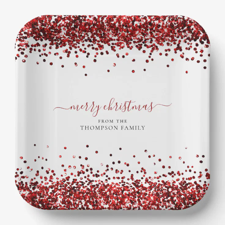 Red Glitter Name Merry Christmas White Paper Plates Zazzle