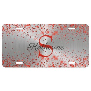 Red Glitter on Brushed Silver Monogram License Plate