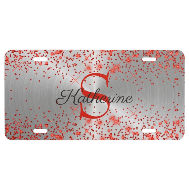 Red Glitter on Brushed Silver Monogram License Plate (Front)
