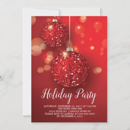 Red Glitter  Ornament Holiday Party Invitation