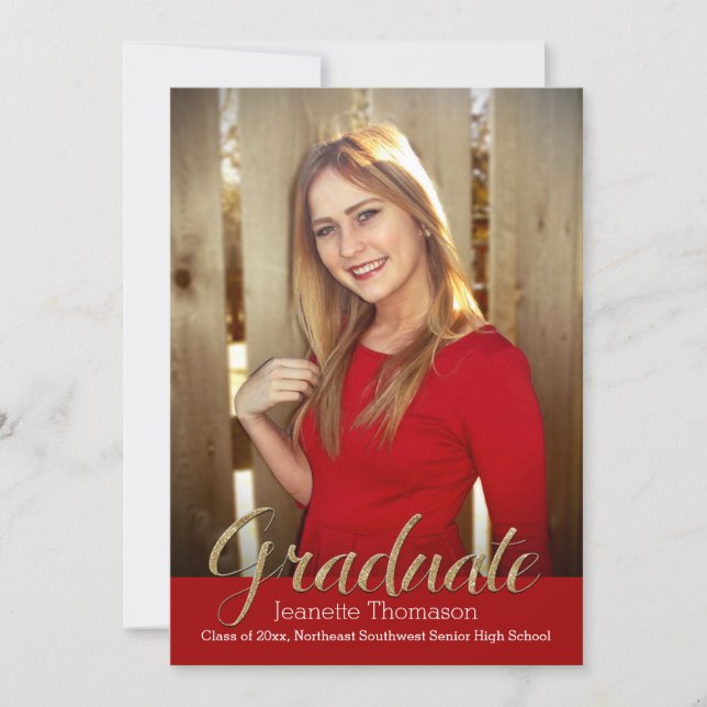 Red Glitter Overlay Photo Graduation Announcement (Front)