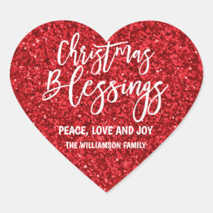 Red Glitter Personalized Christmas Blessings Heart Sticker