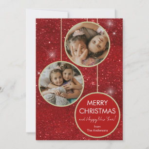 Red Glitter Photo Merry Christmas Holiday Card