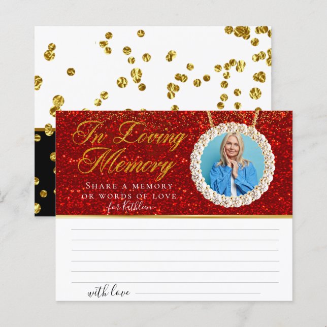 Red Glitter Photo Share a Memory Funeral Card (Front/Back)