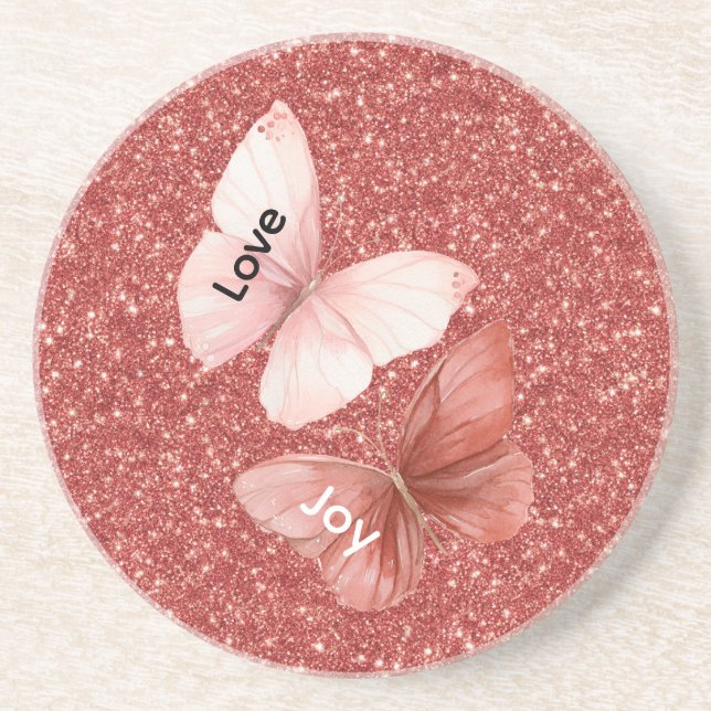Red Glitter Pink Love Joy Butterflies Coaster (Front)