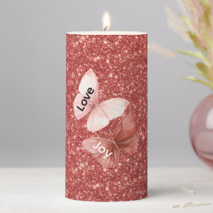 Red Glitter Pink Love Joy Butterflies Pillar Candle