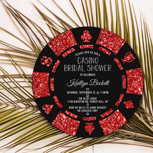 Red Glitter Poker Chip Casino Bridal Shower Invitation