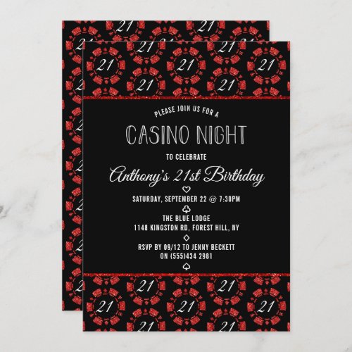 Red Glitter Poker Chip Casino Night Party Invitation