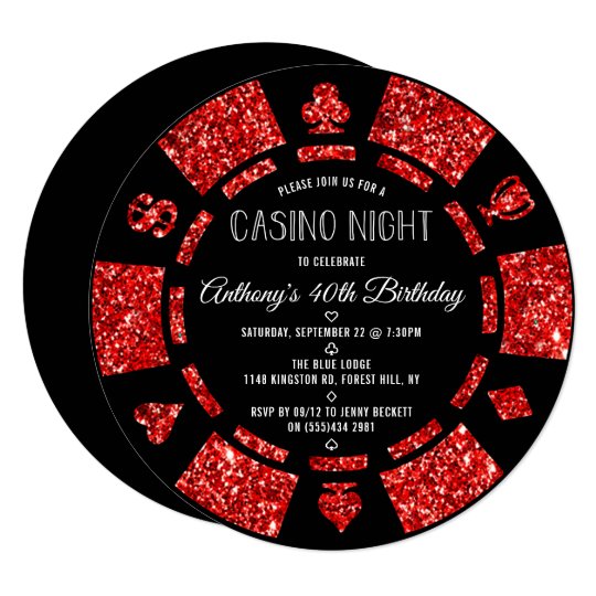 Red Glitter Poker Chip Casino Night Party Invitation ...