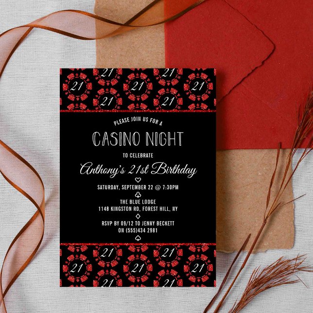 Red Glitter Poker Chip Casino Night Party Invitation (Creator Uploaded)