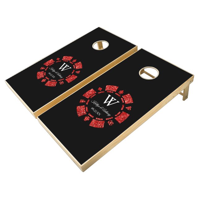 Red Glitter Poker Chip Casino Wedding Cornhole Set (Angled)