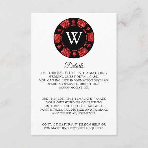 Red Glitter Poker Chip Casino Wedding Detail Enclosure Card